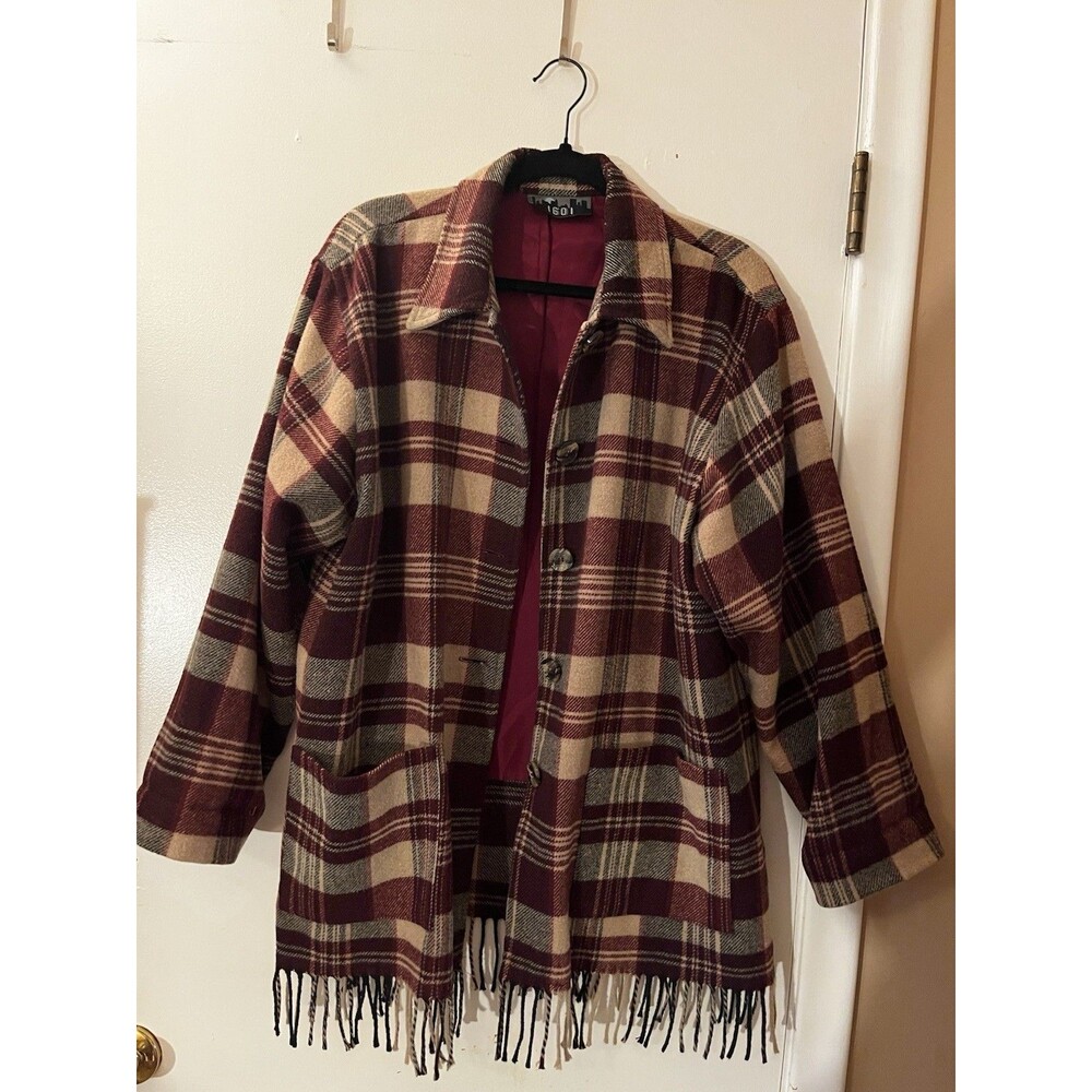 Vintage 1601 Plaid Fringe Hem Wool Blend Shacket Jacket - Large